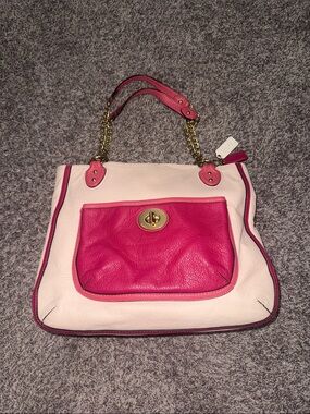 Coach Pink and Cream Leather Tote with Gold Chain Handles